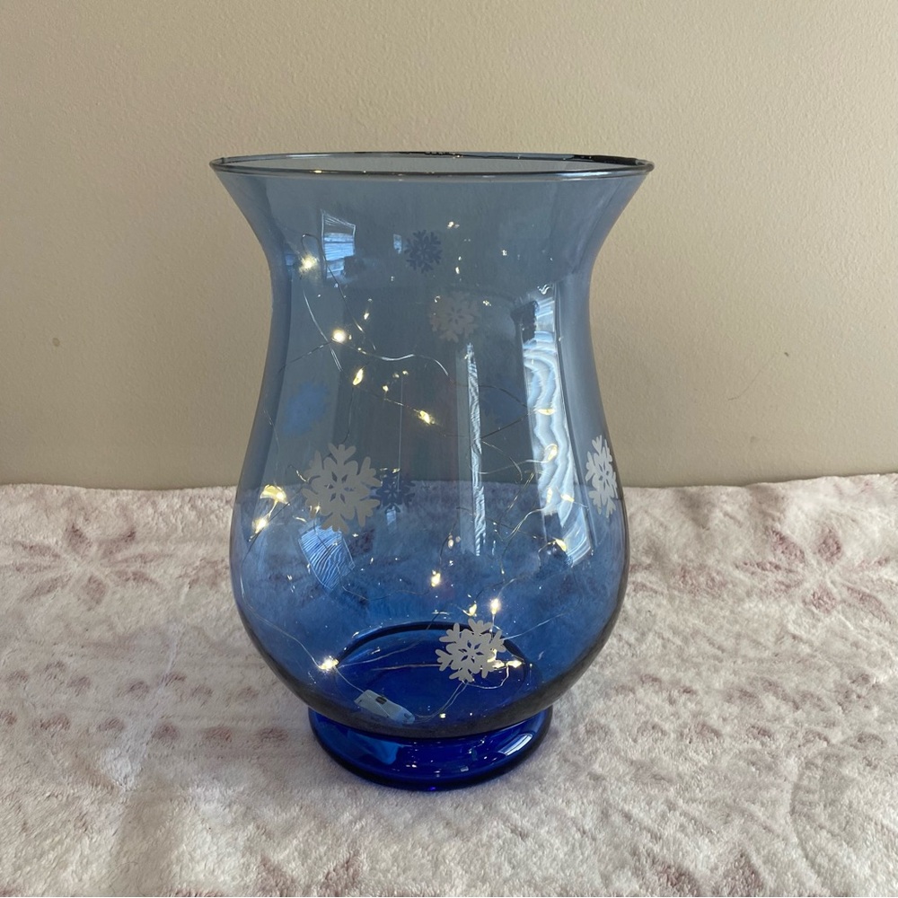 Whole Home Holiday Vintage Blue Christmas Hurricane With Etched Snowflakes